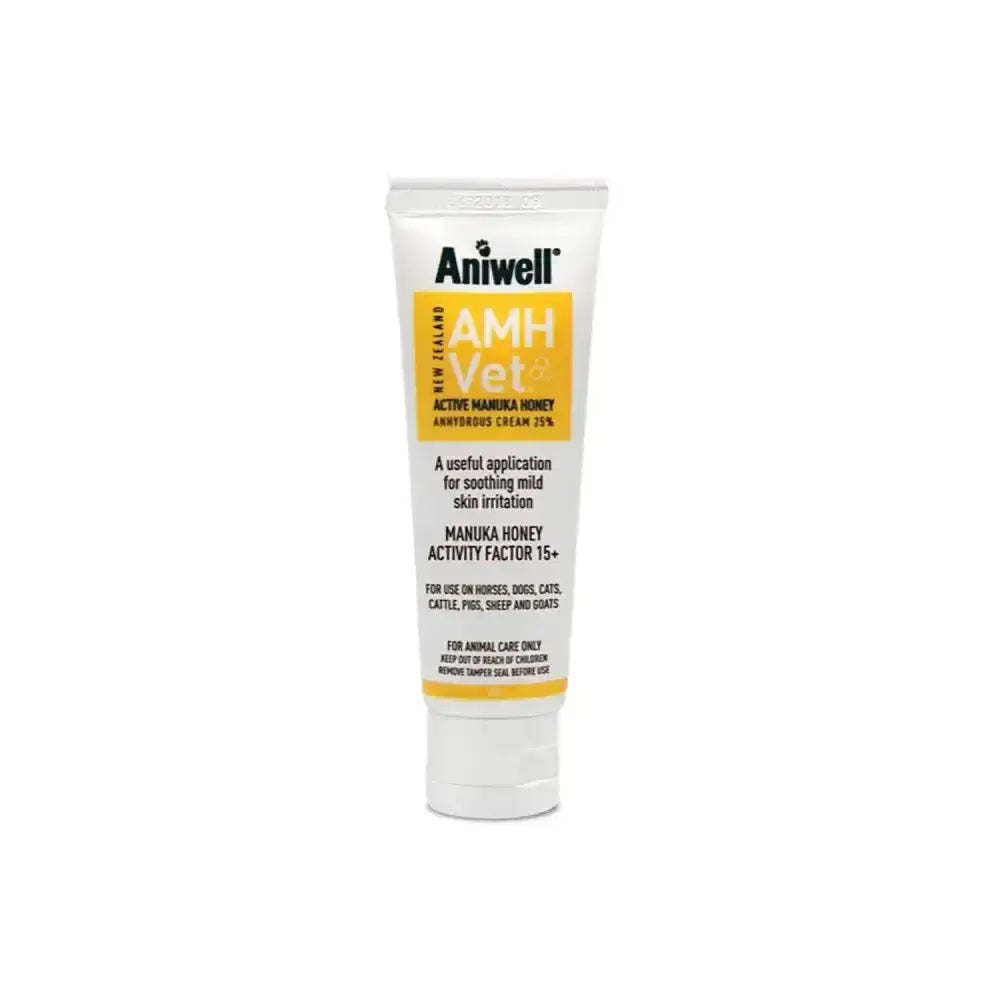 Aniwell amh vet cream in white tube with yellow label featuring active manuka honey antiseptic for skin care