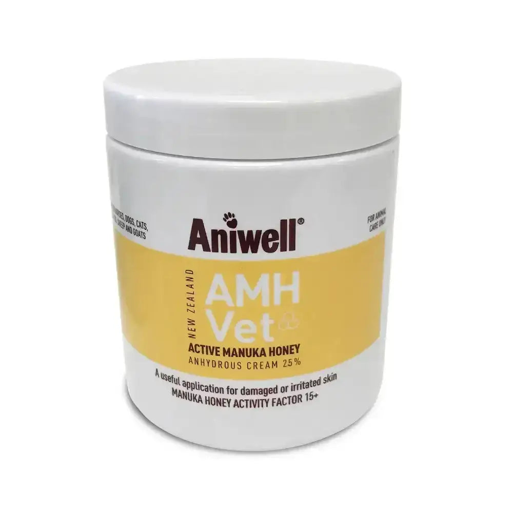 White plastic jar of aniwell amh vet cream with active manuka honey 25 percent anhydrous for vet use