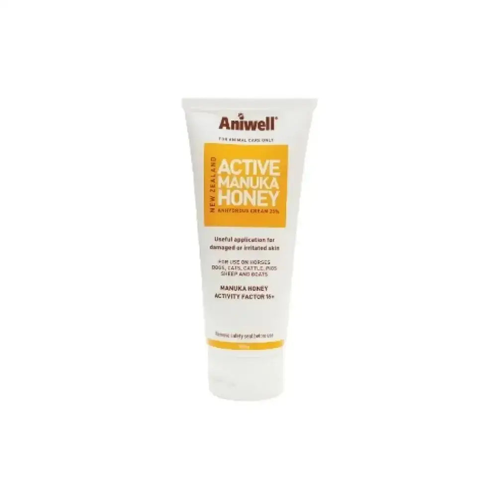 White tube of aniwell amh vet cream with a yellow label featuring active manuka honey for skin care use
