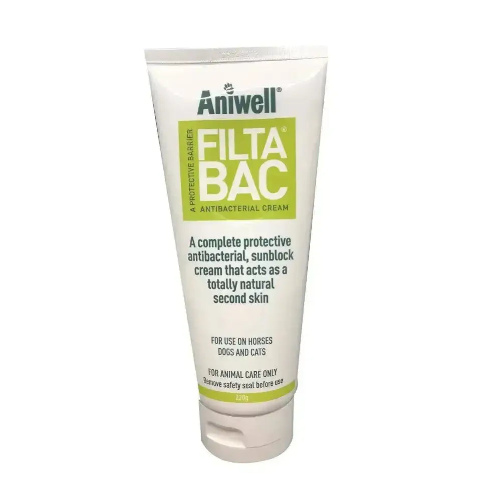 White tube of aniwell filtabac antibacterial sunblock cream for horses dogs and cats against heat-lamp burn