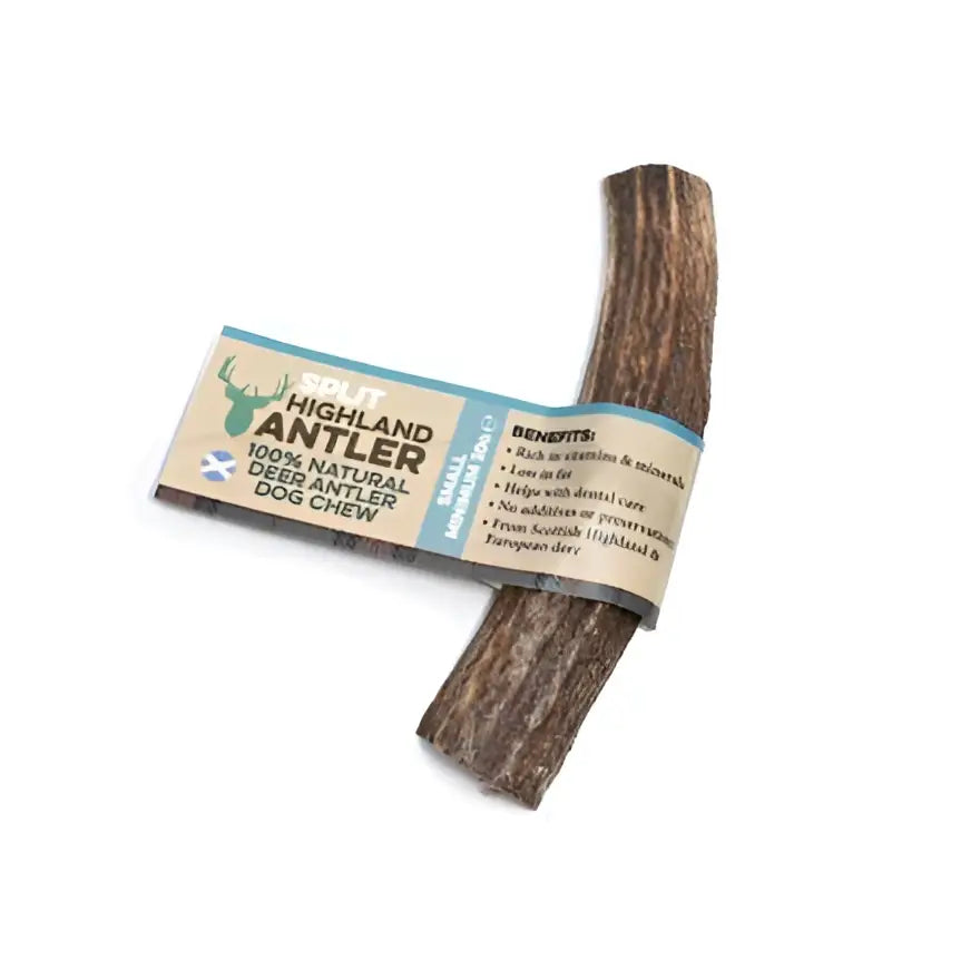 A natural brown antos split antler small dog chew with a light blue and beige label wrapped around it