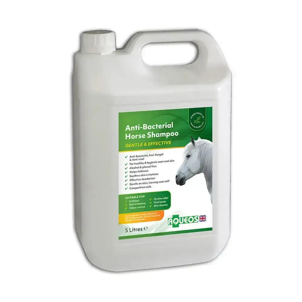 White plastic jug of aqueos anti-bacterial horse shampoo 5 litres water based disinfectant for horses