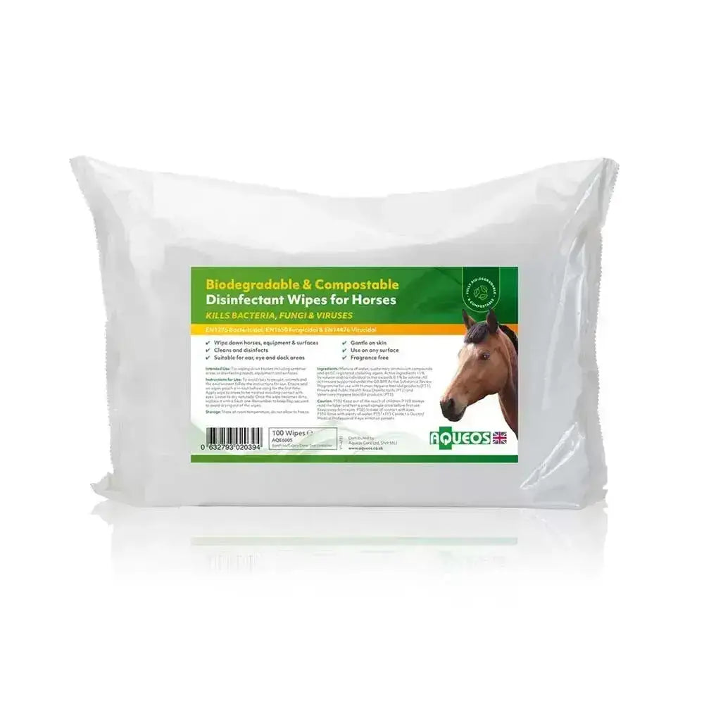 A package of aqueos bio degradable compostible disinfectant horse wipes with a green label and horse head image