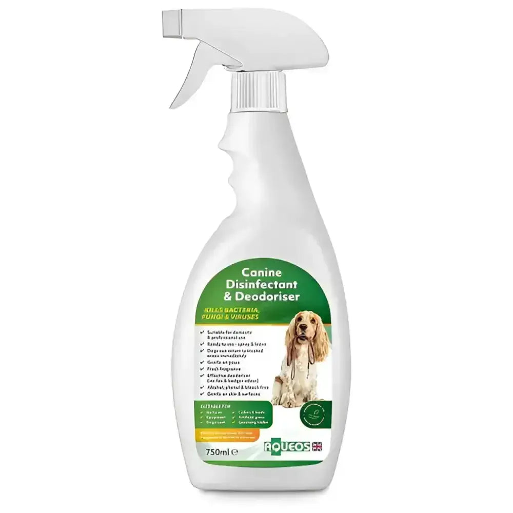 White plastic spray bottle of aqueos canine disinfectant and deodoriser with green yellow label and dog image