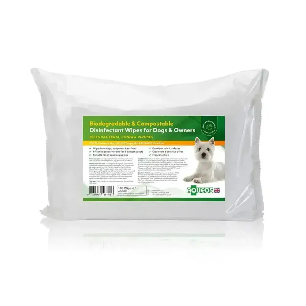 A package of aqueos disinfectant wipes with eco compostable green label and west highland white terrier for biosecurity giving dog