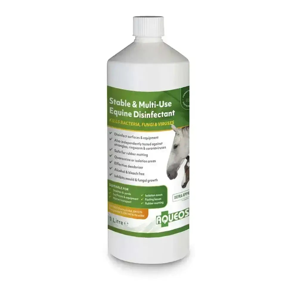 White plastic bottle of aqueos stable multi-use disinfectant with green label featuring a horse image for equine use