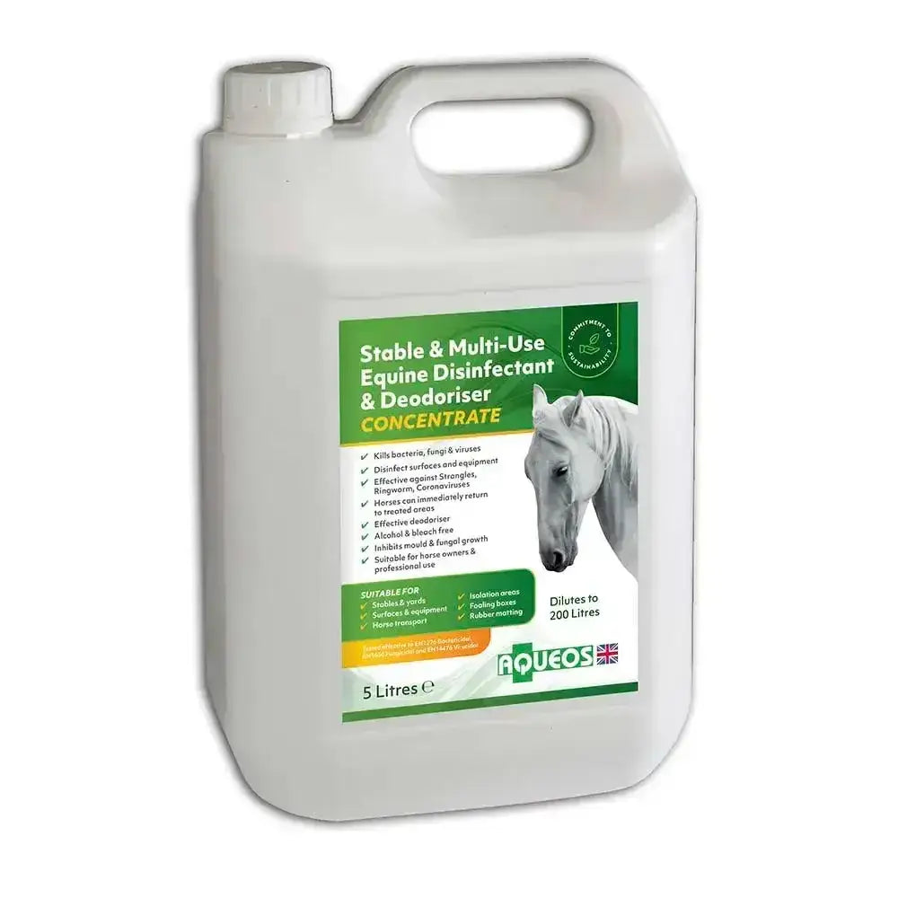 White plastic jug of aqueos stable multi-use disinfectant kills and deodoriser concentrate with horse label