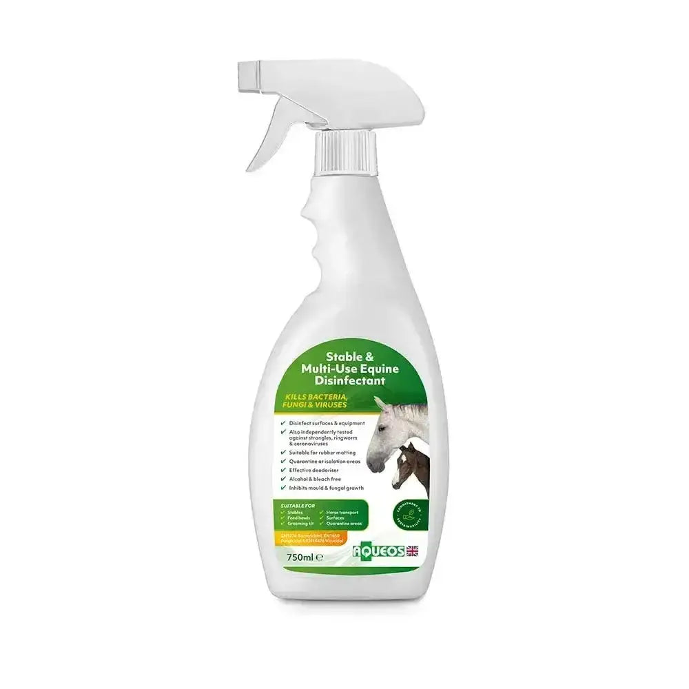 White plastic spray bottle with green label and horse illustration for aqueos stable multi-use disinfectant kills germs