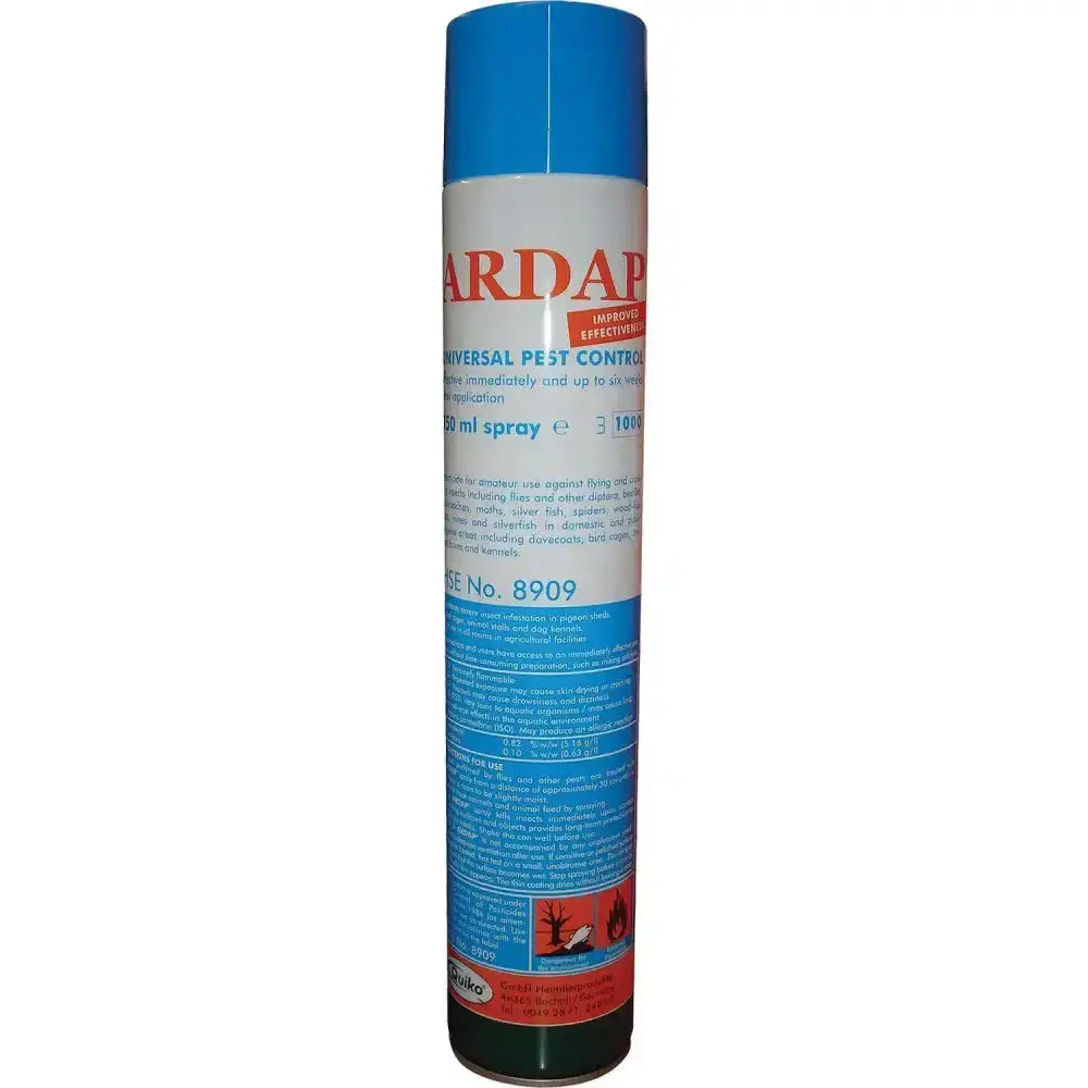 Blue and white ardap aerosol spray can for universal pest control with effective aerosol spray pest formula