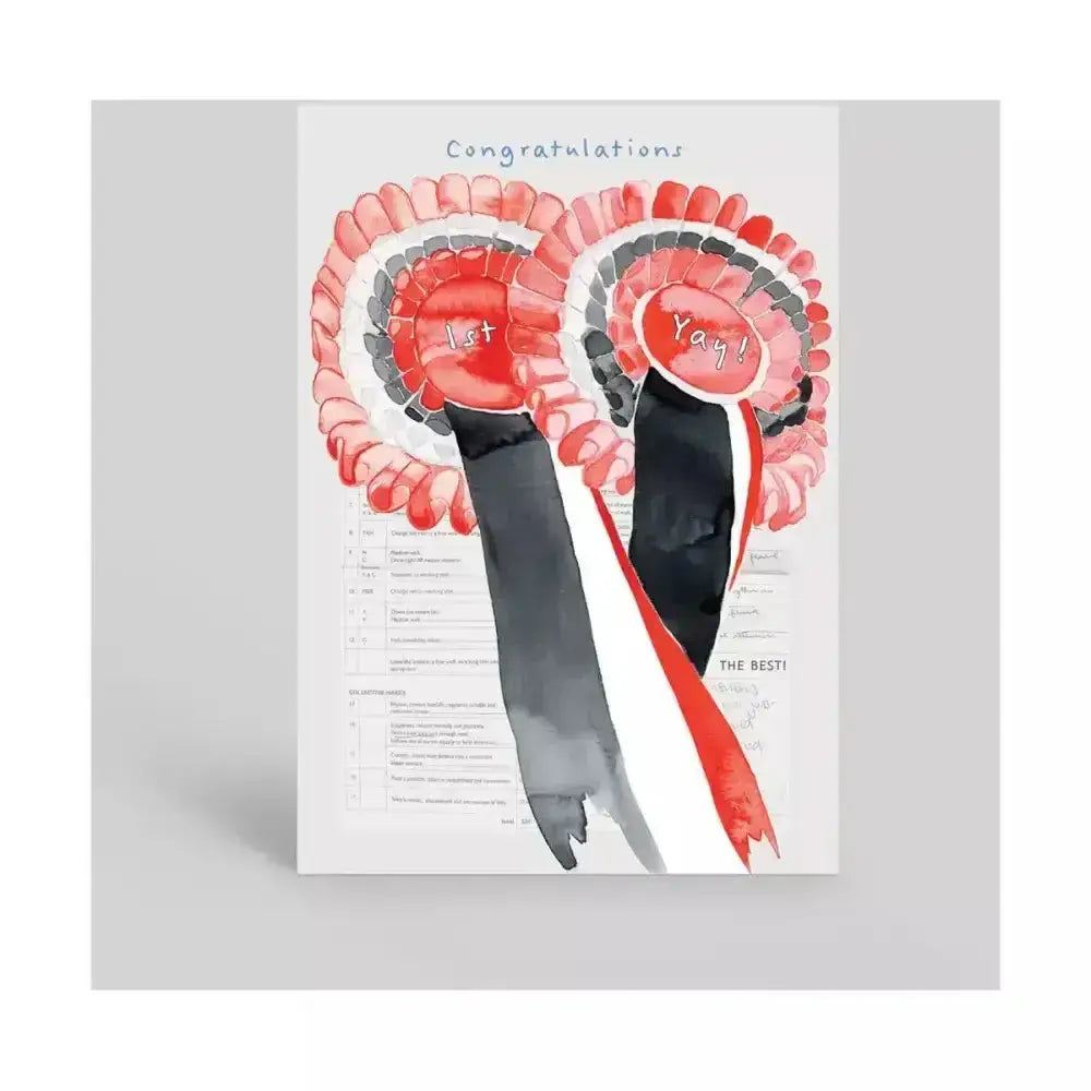 Arena card congratulations print featuring vibrant red and black competition rosettes with 1st and yay text