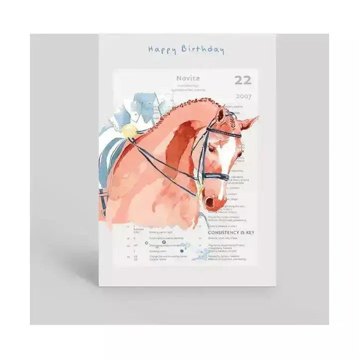 Arena card happy birthday consistency featuring original competition horse in peach with black bridle on white paper
