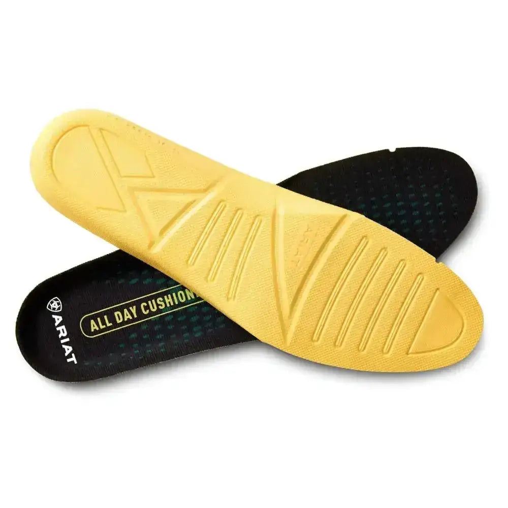Yellow and black ariat all day cushioning insole round toe footbed with textured grip patterns and advanced technical materials