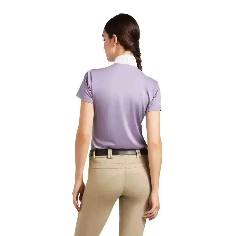 Lavender ariat aptos equestrian polo shirt with crisp white collar and moisture-wicking technology for riding apparel