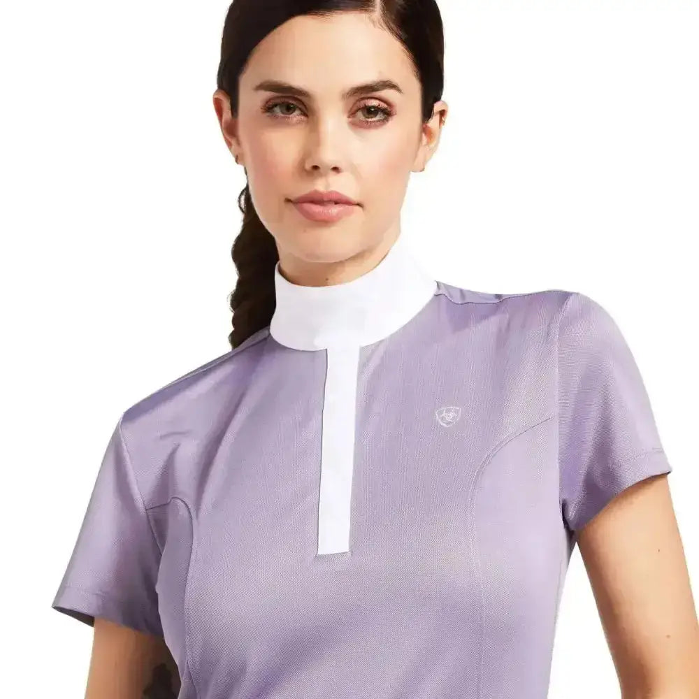Lavender ariat aptos short-sleeved show shirt with white high collar and moisture-wicking tech for riding apparel