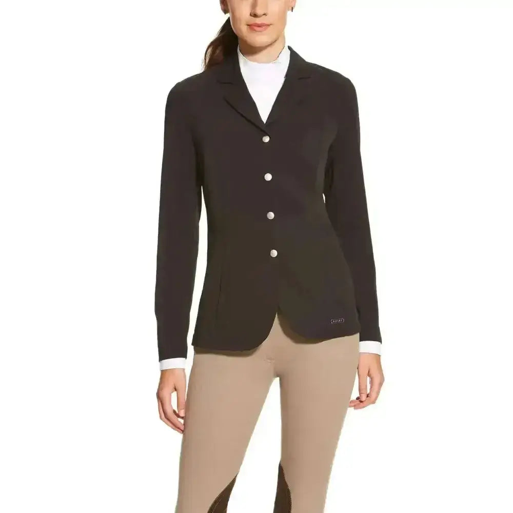 Black ariat artico light weight show jacket with white buttons and cuffs made from stretch fabric with moisture movement technology