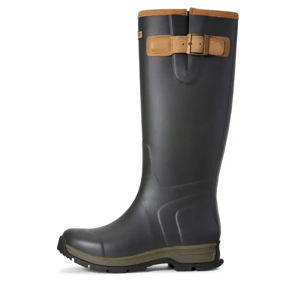 Dark gray ariat burford waterproof rubber boot with tan leather accents and buckle strap for hardwearing use