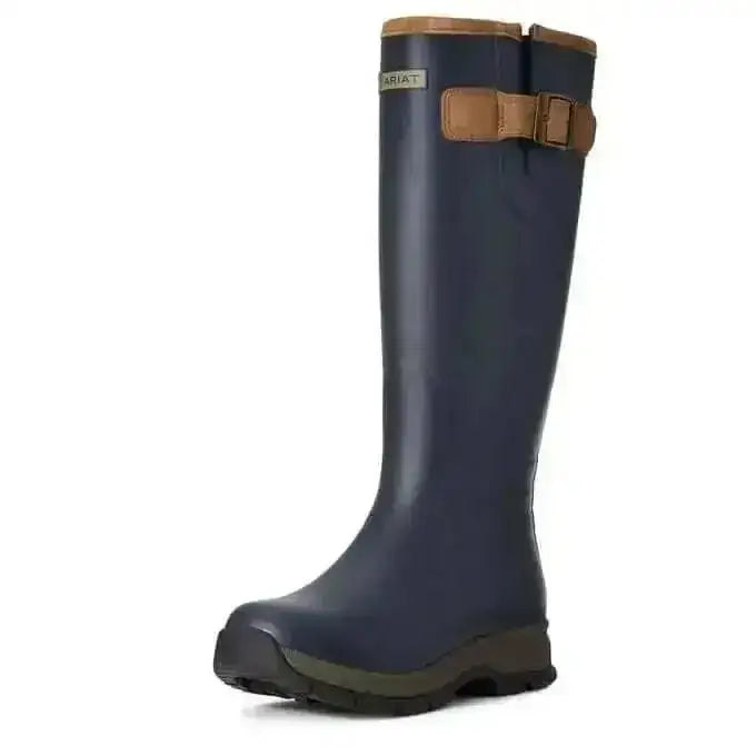 Navy blue rubber Ariat burford waterproof boot with tan leather strap and buckle for hardwearing use