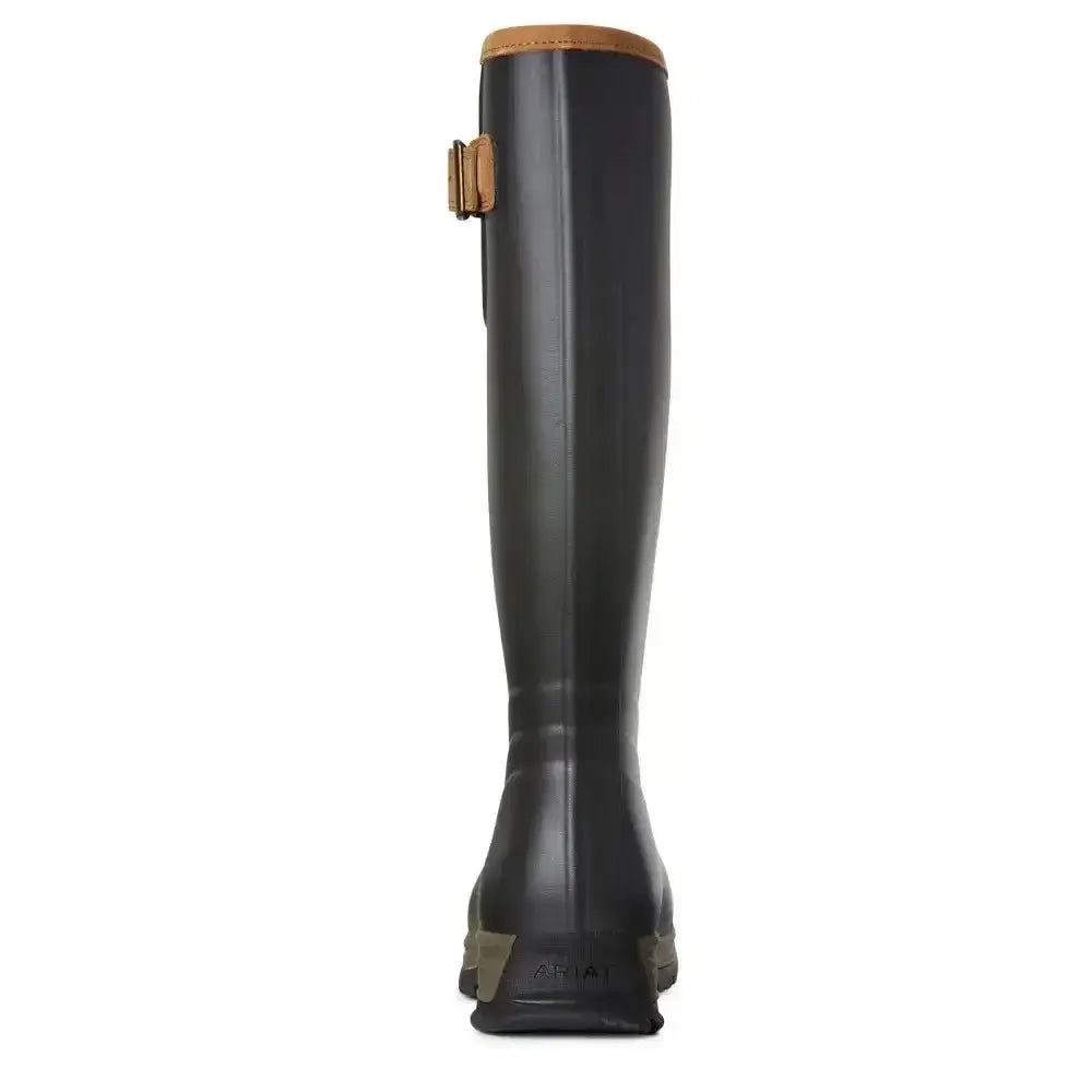 Black rubber ariat burford waterproof boot with tan leather accents and buckle detail for tough conditions
