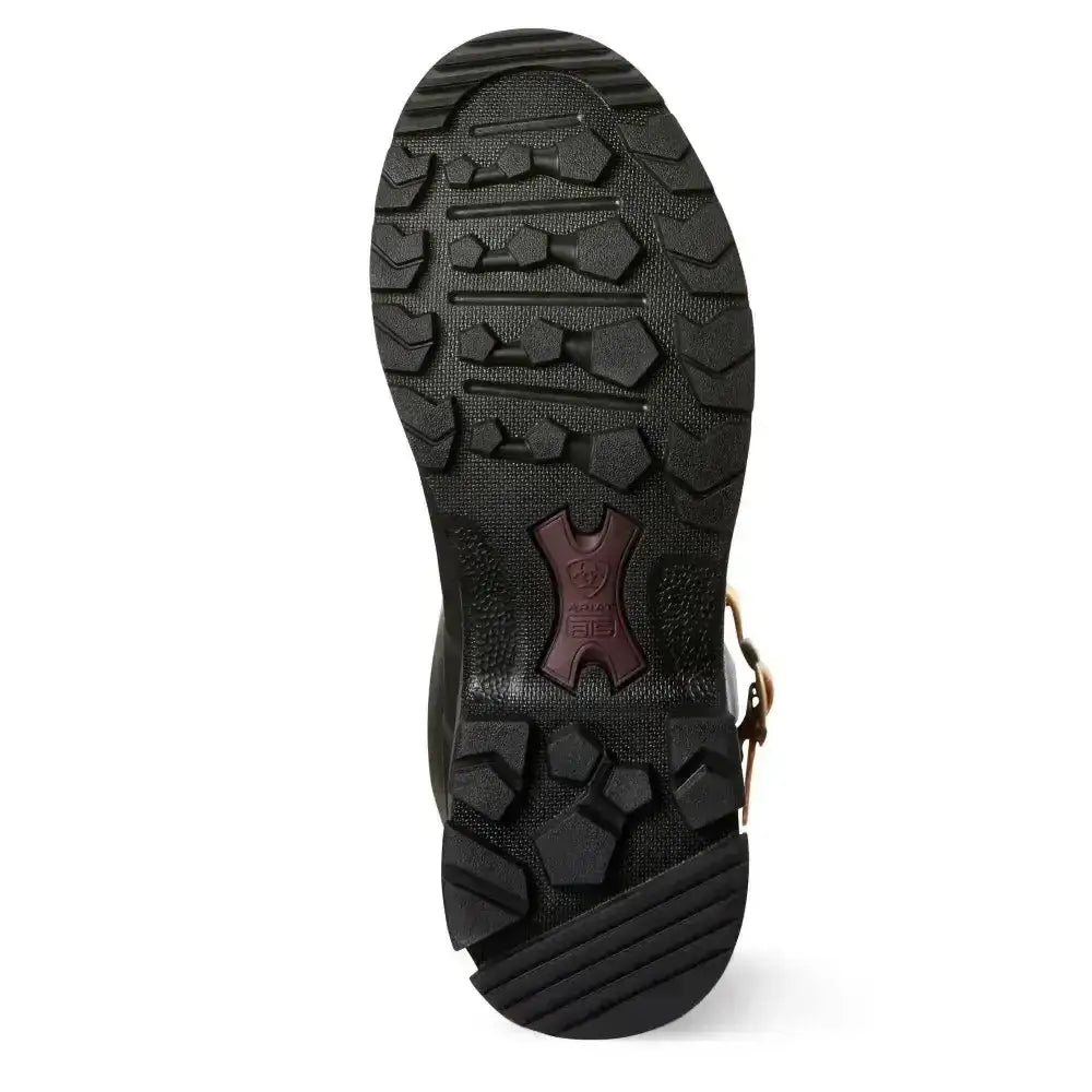 Black rubber sole with deep tread and maroon logo on hardwearing ariat burford waterproof rubber boot