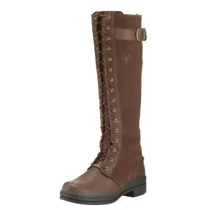 Brown leather ariat coniston waterproof boot with lace-up front and buckle strap insulated for cold weather
