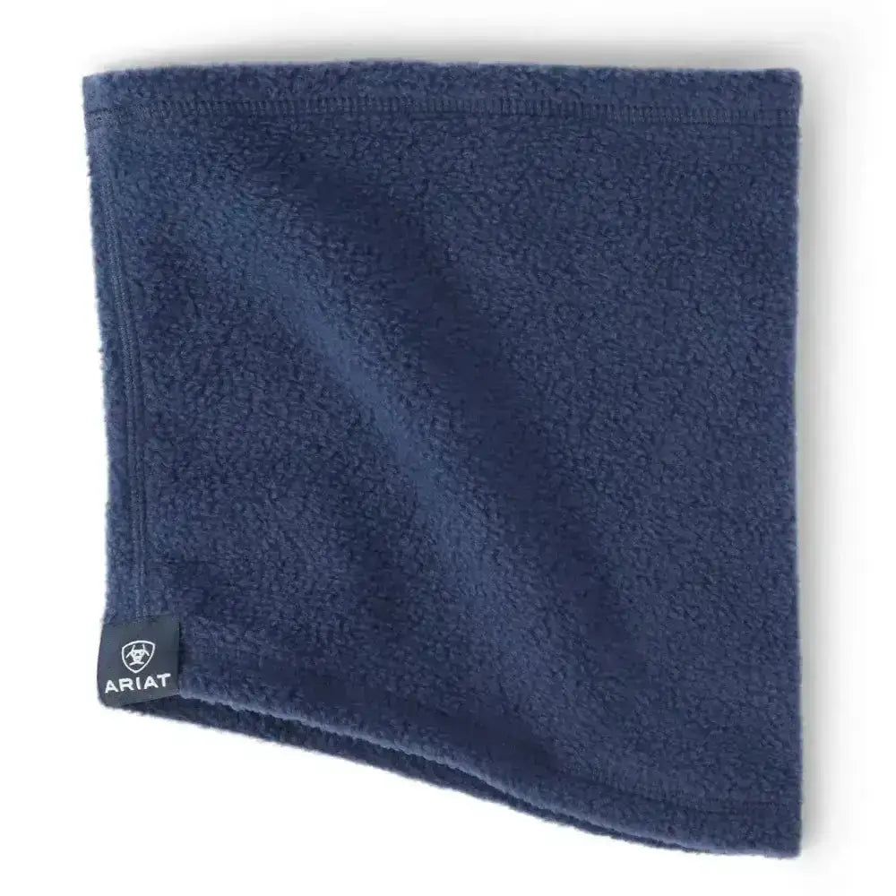 Navy blue ariat elementary gaiter snood made of recycled polyester fleece with black brand tag on the corner