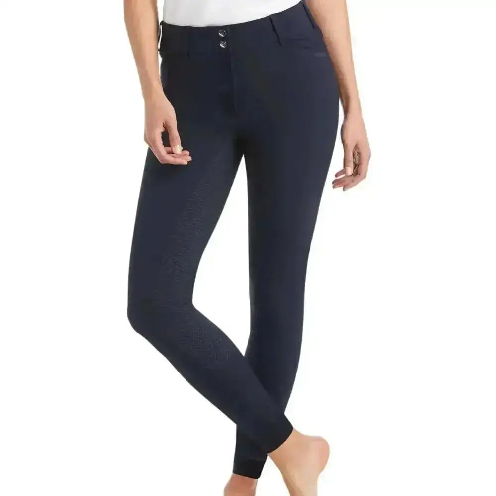 Navy blue ariat prelude riding breeches with four-way performance stretch and double-weave twill fabric and button waist closure