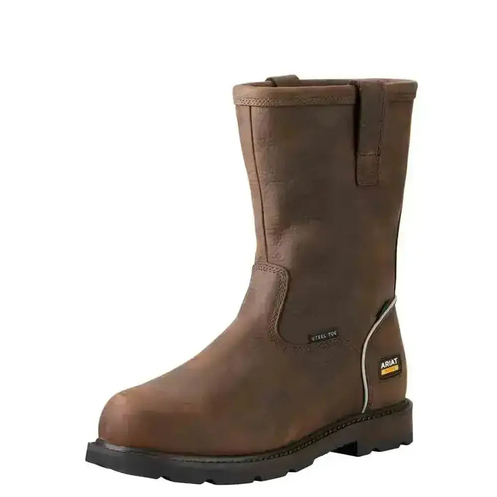 Brown leather ariat groundbreaker waterproof work boot with steel toe and black rubber sole iso20345 safety footwear