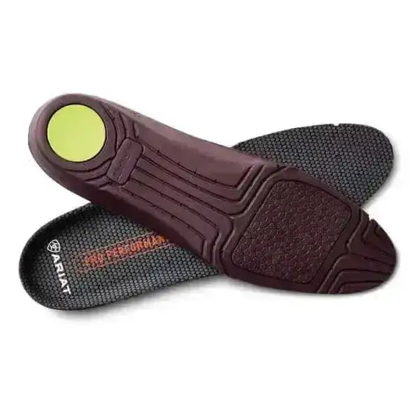 Brown ariat insoles pro performance insole with bright green heel pad and textured grip round toe footbed