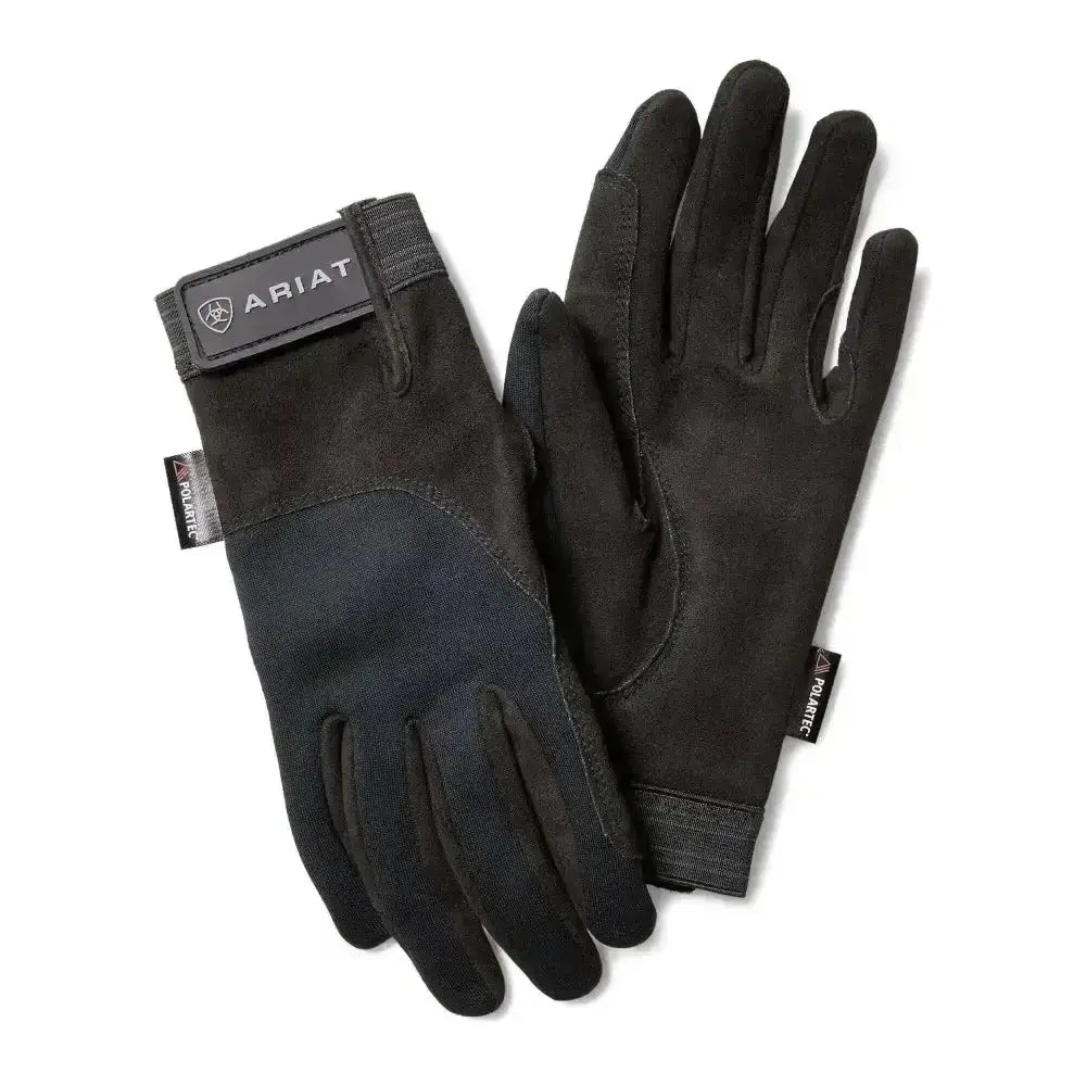 Black ariat insulated tek grip winter riding gloves with textured fabric and reinforced stitching on the back side