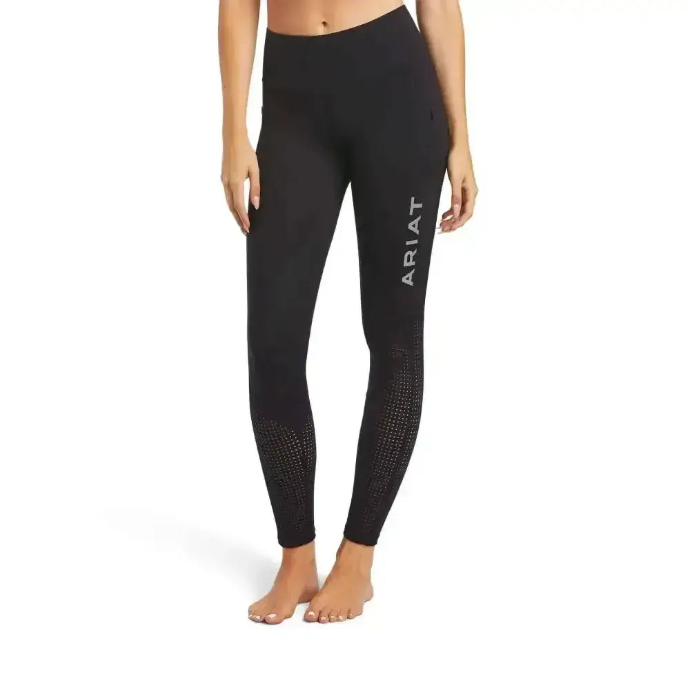 Black ariat ladies eos knee patch riding tights with textured perforated lower legs and white logo on outer thigh