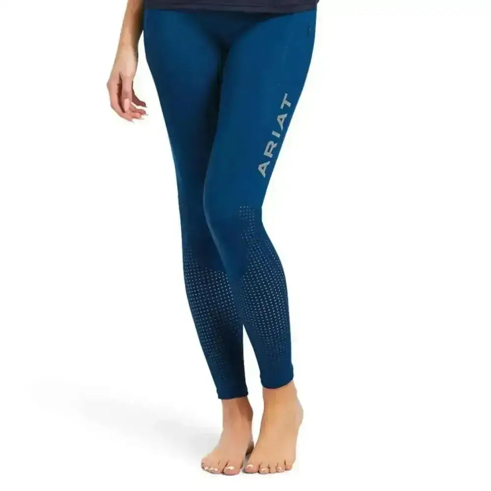 Deep blue ariat ladies eos knee patch riding tights with perforated ankle pattern and logo on thigh