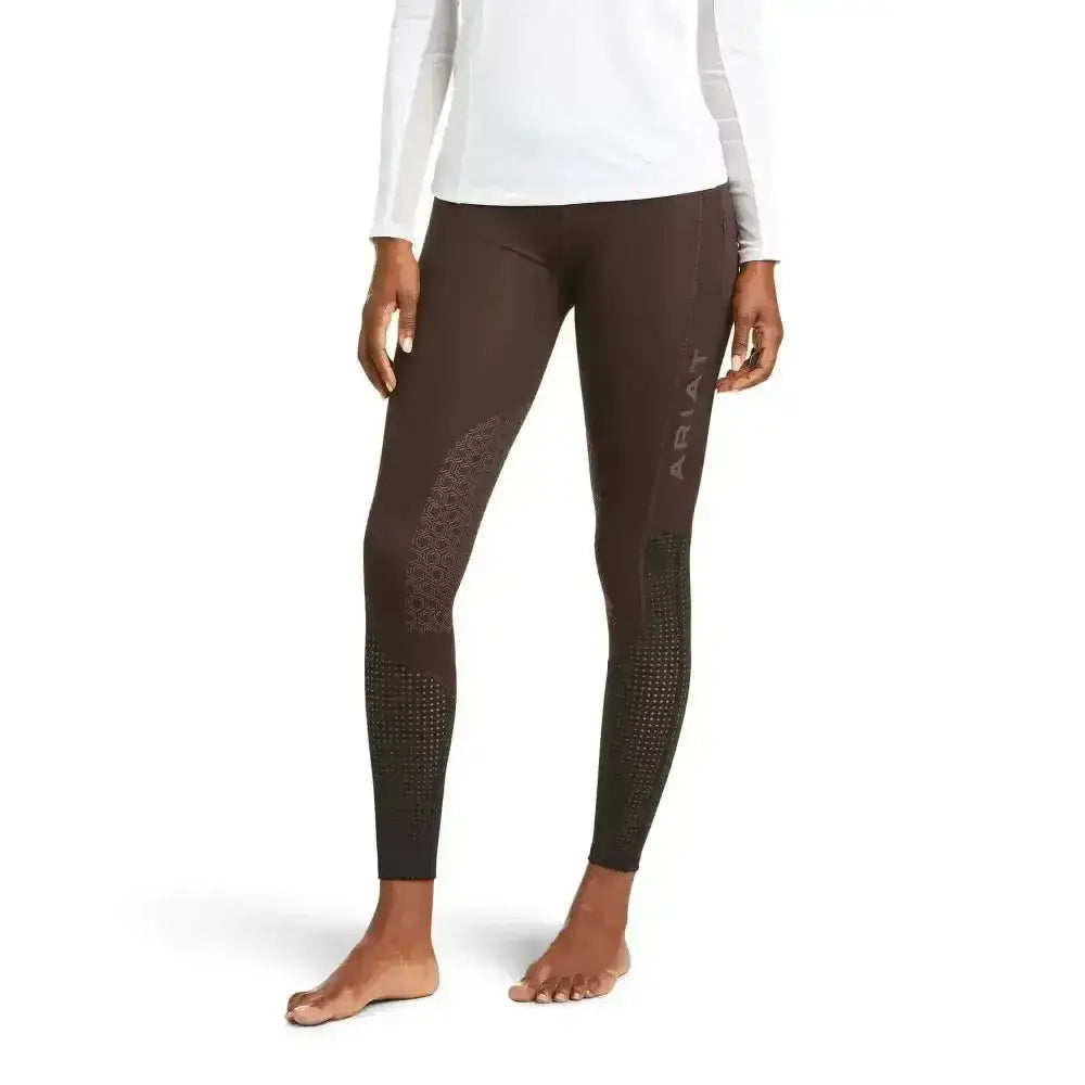 Dark brown ariat ladies eos knee patch riding tights with subtle texture phone pocket and logo on the side