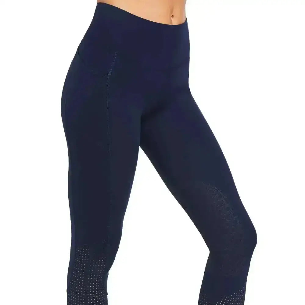 Navy blue ariat ladies eos knee patch riding tights with high waist subtle ankle perforations and phone pocket