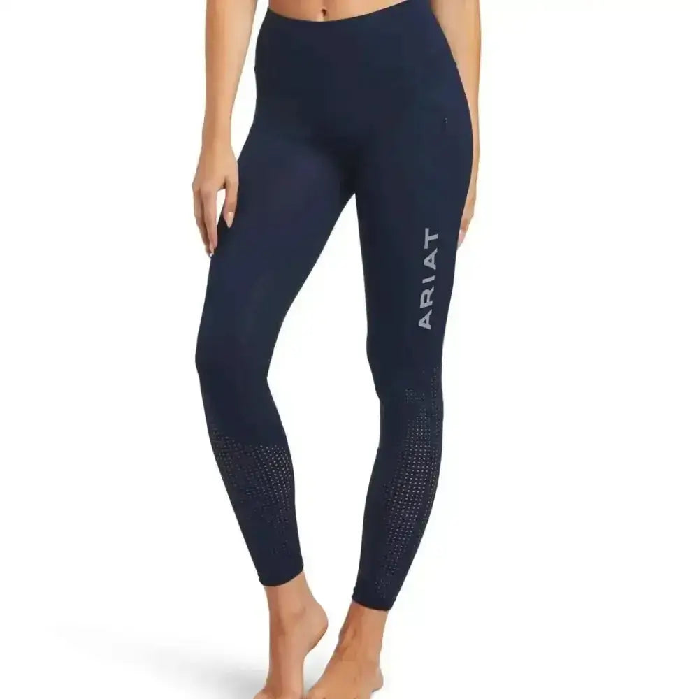 Navy blue ariat ladies eos knee patch riding tights with textured mesh panel and phone pocket on lower leg