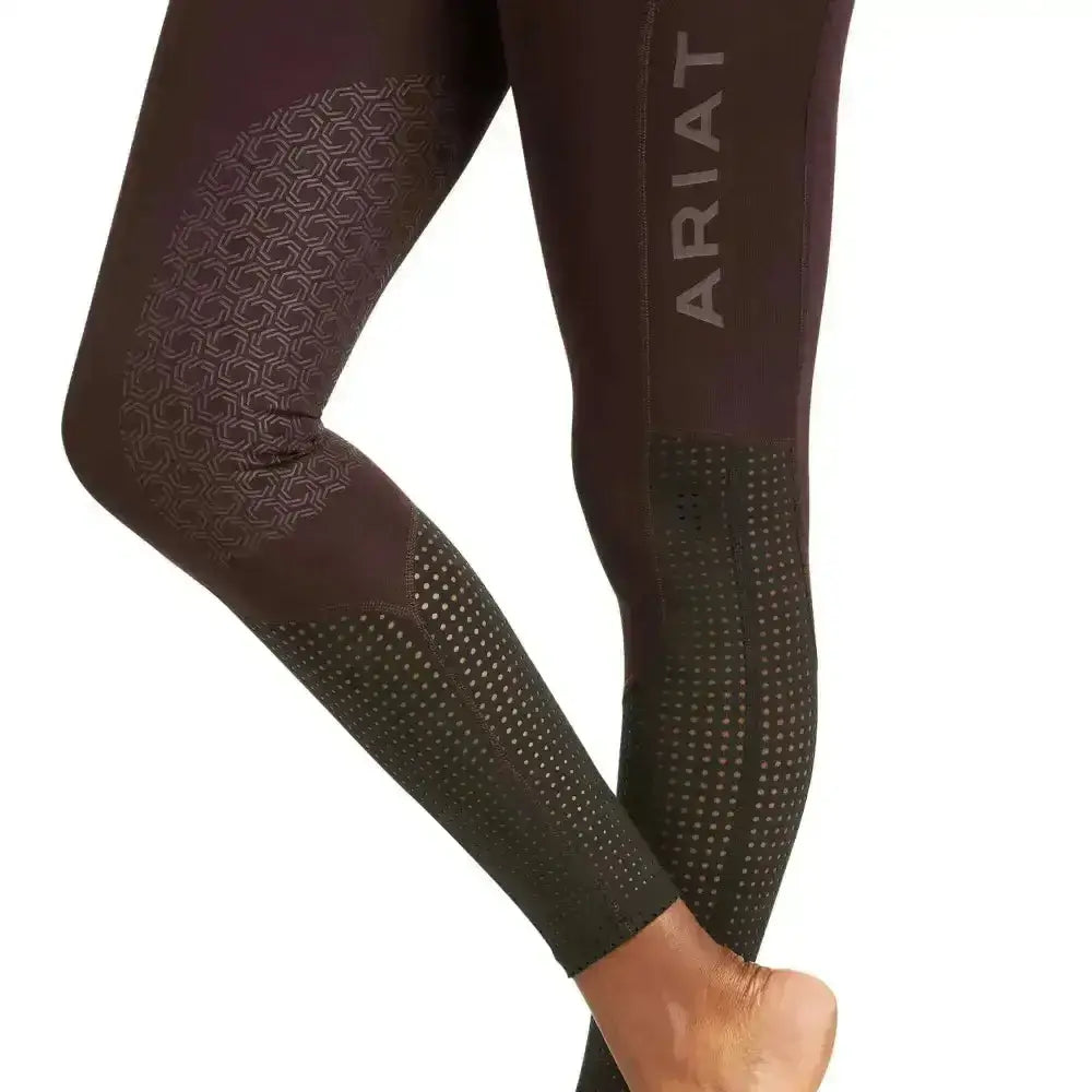 Dark brown ariat ladies eos knee patch riding tights with geometric thigh pattern and perforated mesh panels