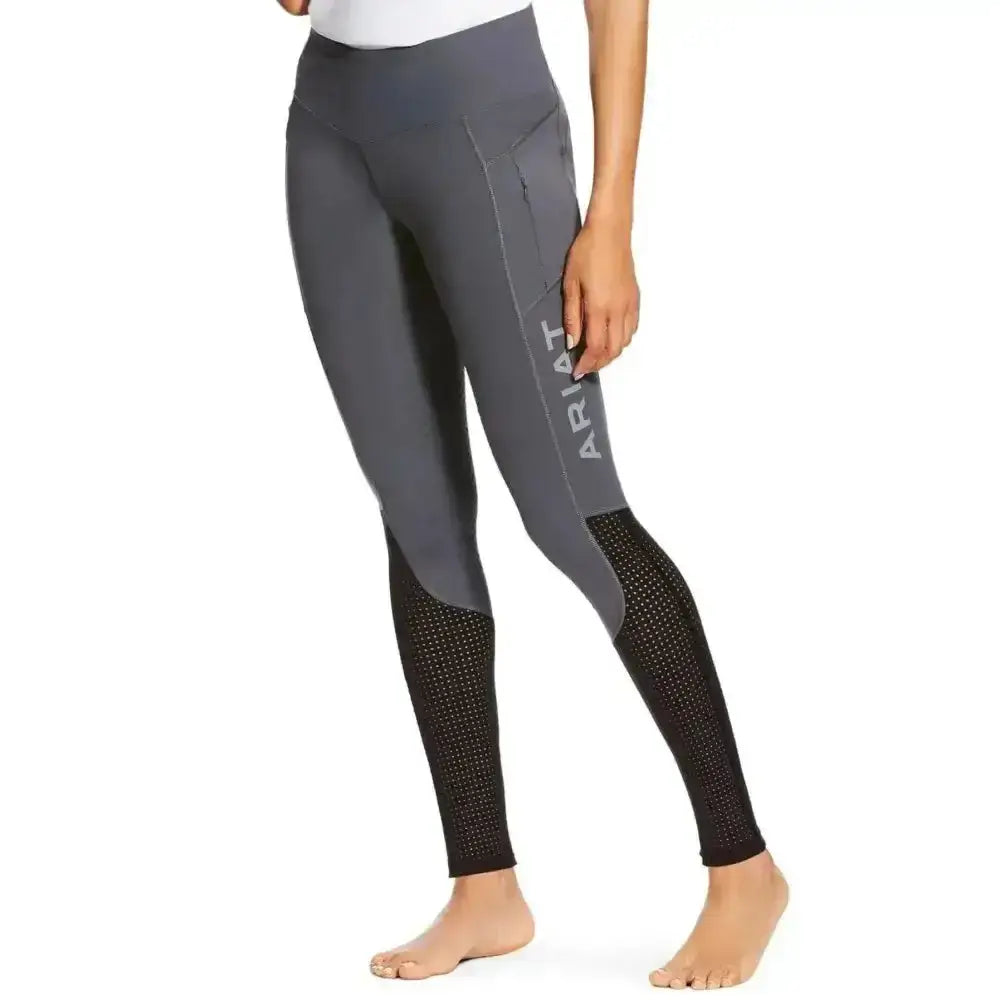 Gray ariat ladies eos knee patch riding tights with black mesh panels subtle side logo and phone pocket