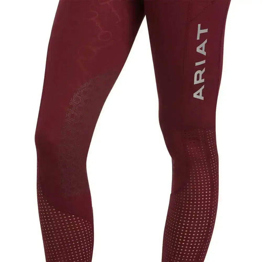 Maroon ariat ladies eos knee patch riding tights with breathable perforated panels and subtle embossed branding