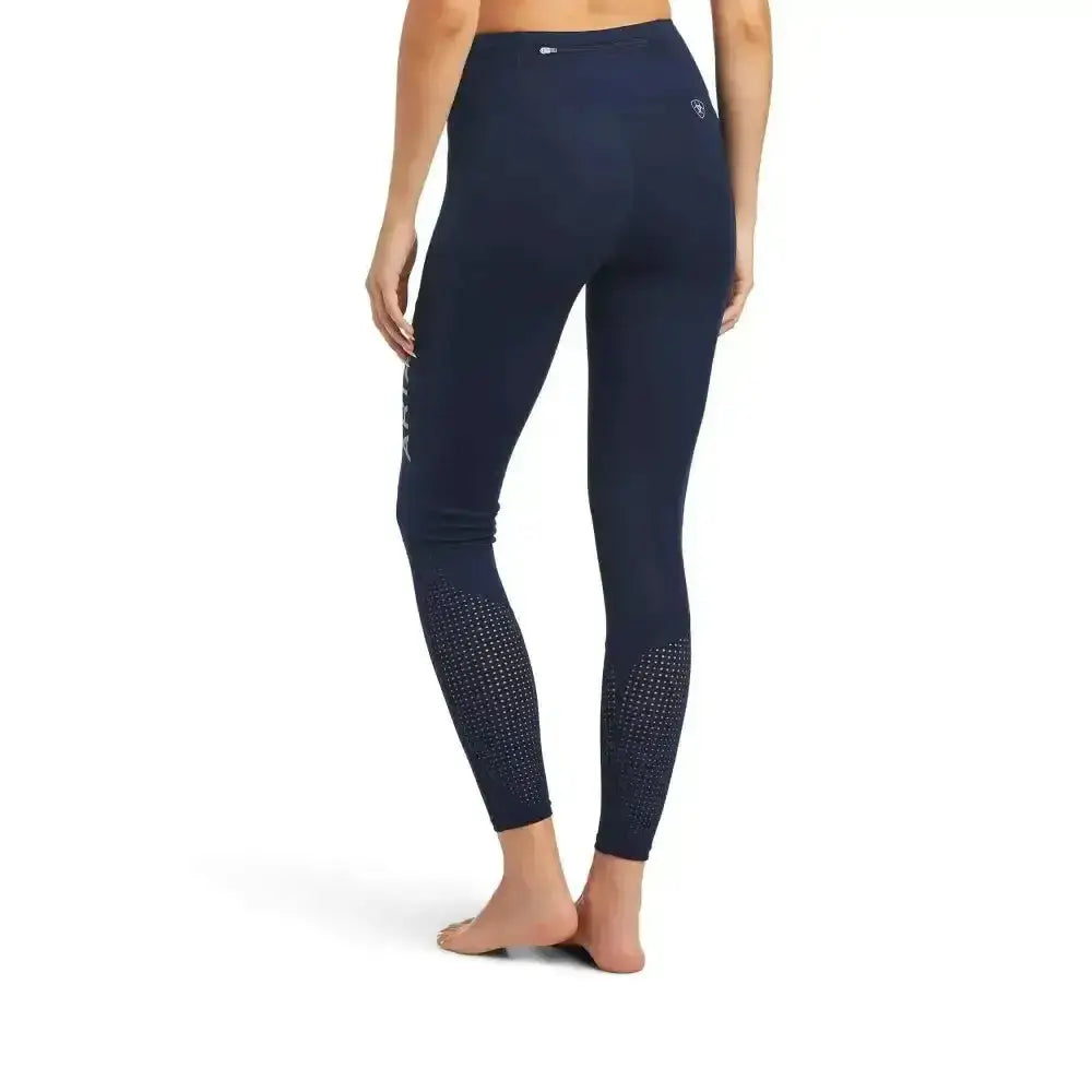 Navy blue ariat ladies eos knee patch riding tights with perforated mesh panels and phone pocket