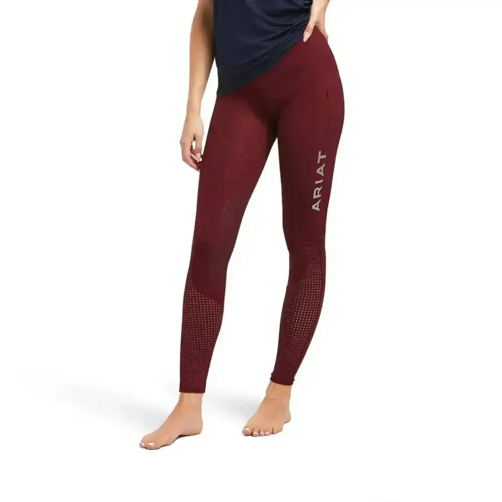 Maroon ariat ladies eos knee patch riding tights with perforated mesh panels phone pocket and subtle logo on thigh