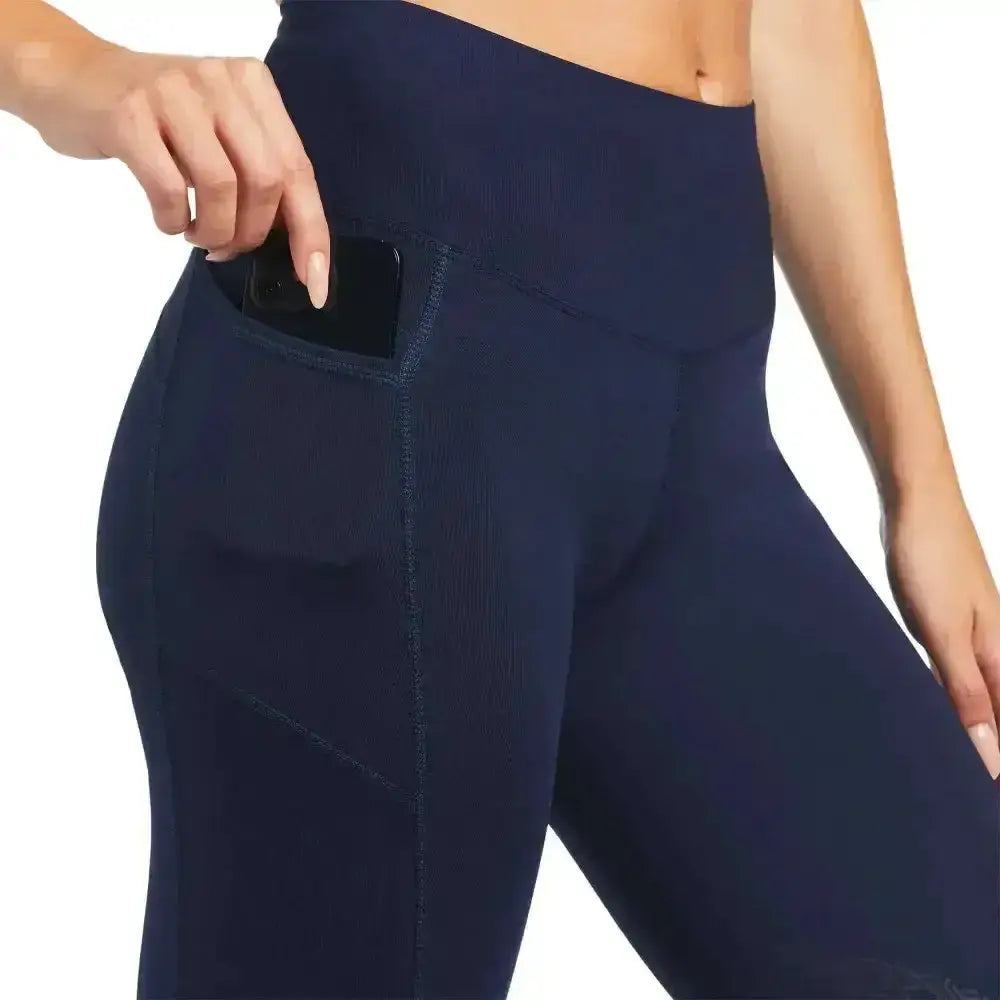 Navy blue ariat ladies eos knee patch riding tights with high waist and side phone pocket for easy access