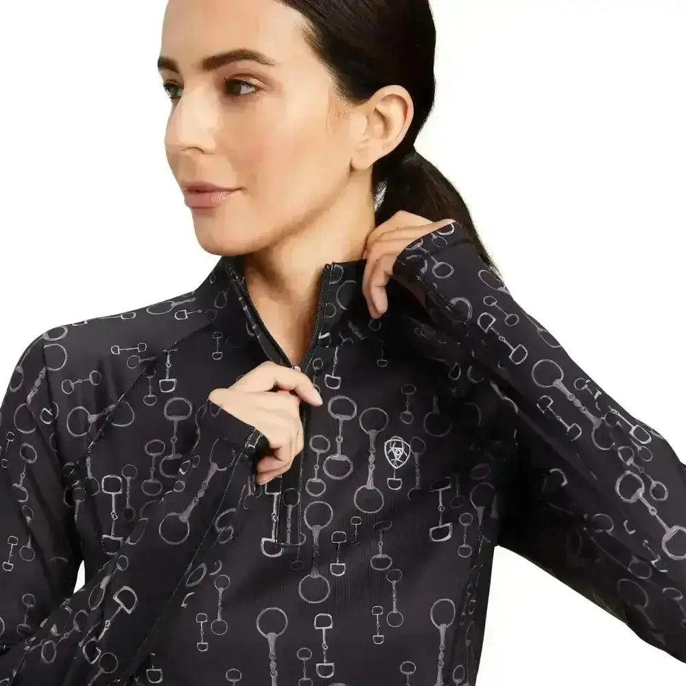 Black ariat lowell base long-sleeved zip-up jacket with silver horsebit pattern and embroidered chest logo
