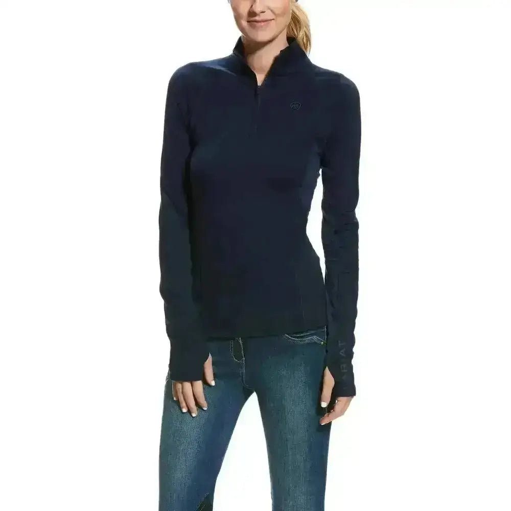 Navy blue long-sleeved ariat lowell base athletic top with quarter-zip and ribbed cuffs perfect for layering