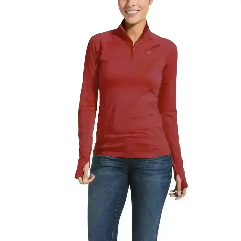 Ariat Lowell Base layer 2.0 red long-sleeve athletic top with quarter-zip collar and fingerless cuffs for performance
