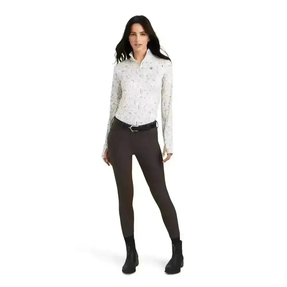 White long-sleeved equestrian shirt with gray feather pattern and small chest logo in the ariat lowell base layer 2.0