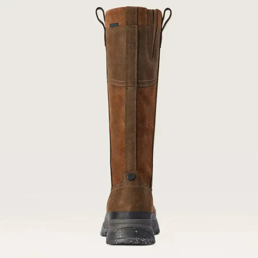 Brown suede and leather ariat moresby tall waterproof country boots with black rubber sole for riding and outdoor use