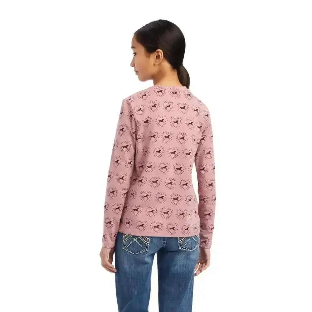 Pink Ariat Nostalgia long sleeved top with black horse silhouettes inside hearts perfect for casual wear