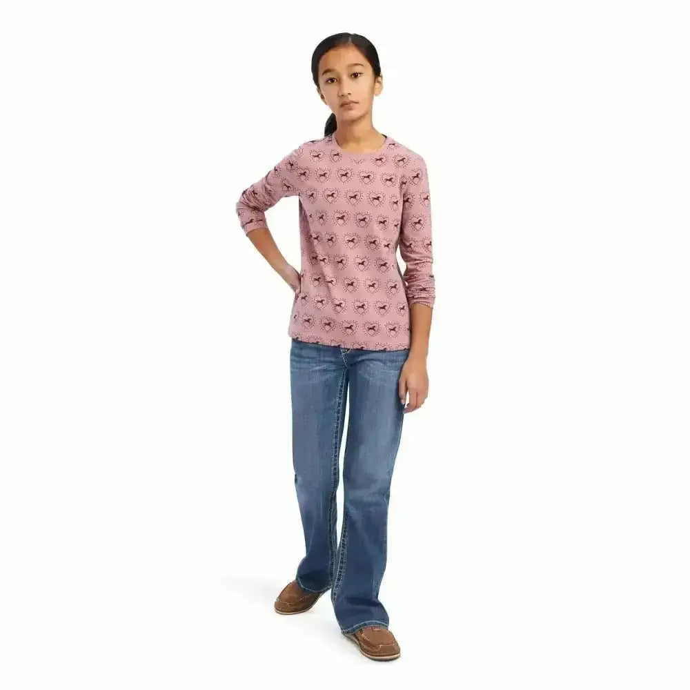 Pink ariat nostalgia long sleeved top with small black bows perfect for casual wear and layering