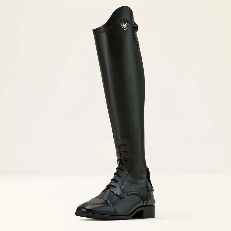 Black ariat palisade field long riding boot with glossy leather and classic lace up design
