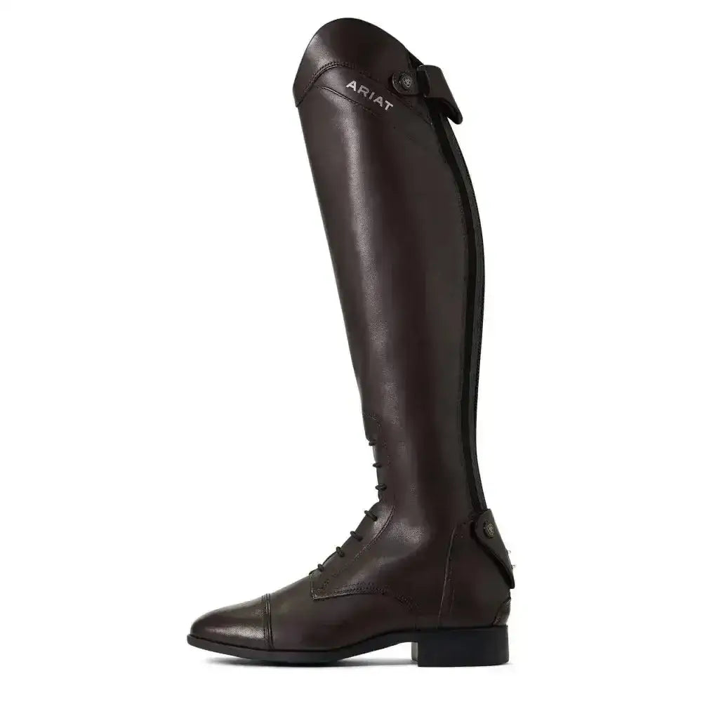 Dark brown leather ariat palisade long riding boots with sleek polished finish and ariat logo near the top