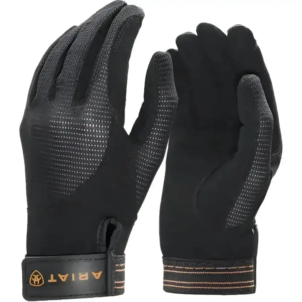 Black ariat riding gloves with perforated palm textured grip and branded wrist strap air grip riding gloves old style